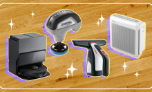 A composite of cleaning gadgets surrounded by sparkles.