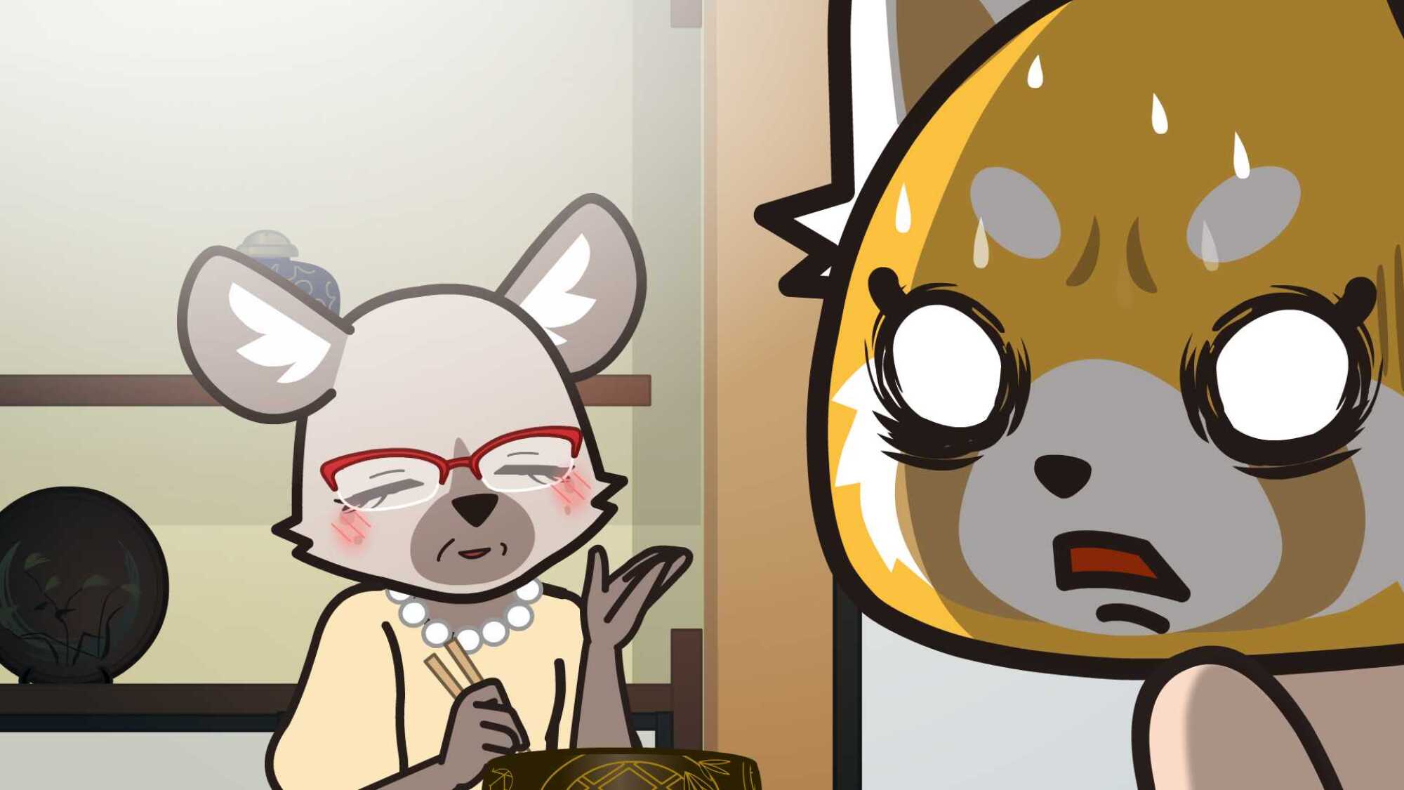 Retsuko looks panicked.