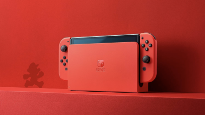 nintendo switch oled mario red edition with shadow of mario in background