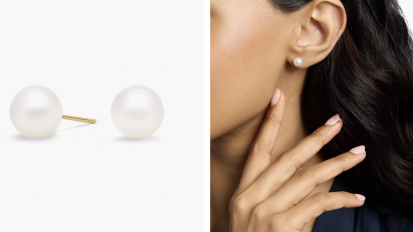 woman wearing pearl stud earrings