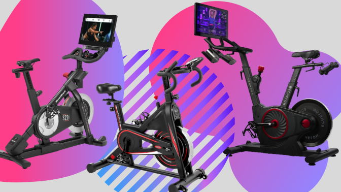 Three indoor cycling bikes on a colorful background