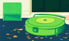 Illustration of green robot vacuum cleaning rug with green self-empty dock in background