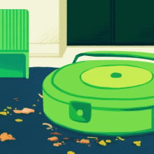 Illustration of green robot vacuum cleaning rug with green self-empty dock in background