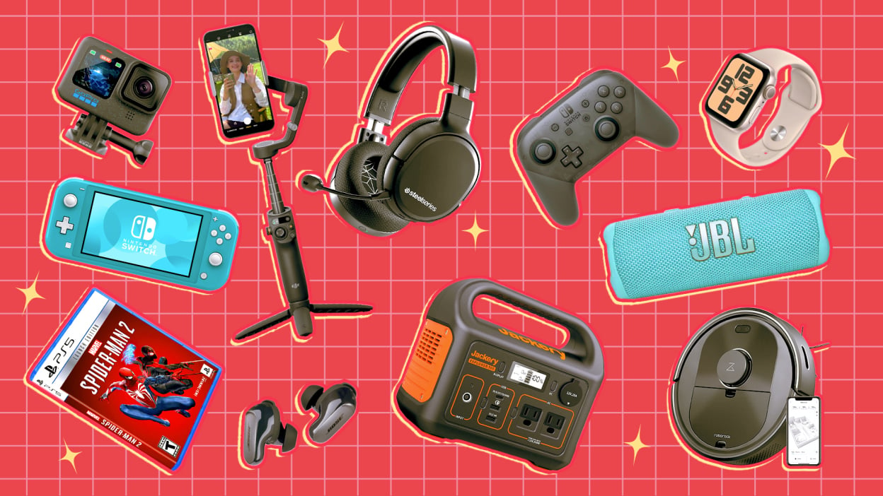 collage showing newly released gadgets on top of red grid