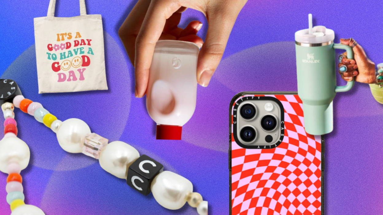 Items from brands like Casetify, Glossier, Stanley, Kimoli overlaid on a gradient purplish background