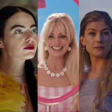 A split screen image shows (left to right): Ayo Edebiri (Bottoms), Emma Stone (Poor Things), Margot Robbie ('Barbie), Rosamund Pike ('Saltburn') and Josh Sharp ('Dicks:The Musical')