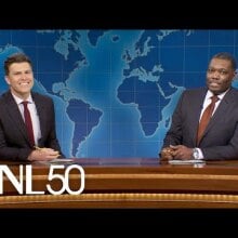 Colin Jost and Michael Che host Weekend Update on "Saturday Night Live."