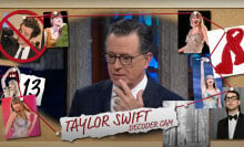 A man in a suit stands in the middle of a Taylor Swift collage.