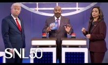 Family Feud setup with Kamala Harris to the right, Steve Harvey in the middle, and Donald Trump on the left