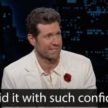 A man sits on a talk show chair. The caption at the bottom reads, "He said it with such confidence."