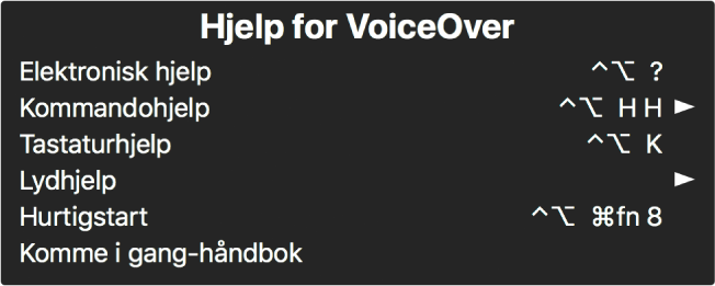 VoiceOver-hjelpmenyen er et panel som viser en liste over, fra øverst til nederst: Internett-basert hjelp, Kommandohjelp, Tastaturhjelp, Lydhjelp, Hurtigstartopplæring og Komme i gang-håndbok. Til høyre for hvert objekt vises VoiceOver-kommandoen som viser objektet, eller en pil som gir tilgang til en undermeny.