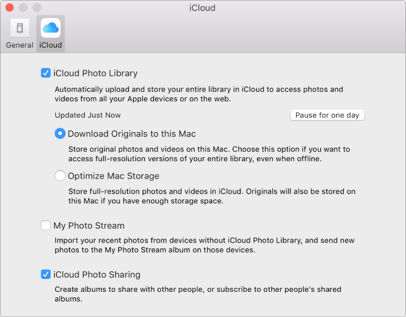 iCloud pane of Photos preferences.