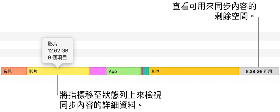 將游標移至視窗底部的狀態列來檢視同步內容的詳細資料，並查看尚剩餘多少空間可容納更多內容。