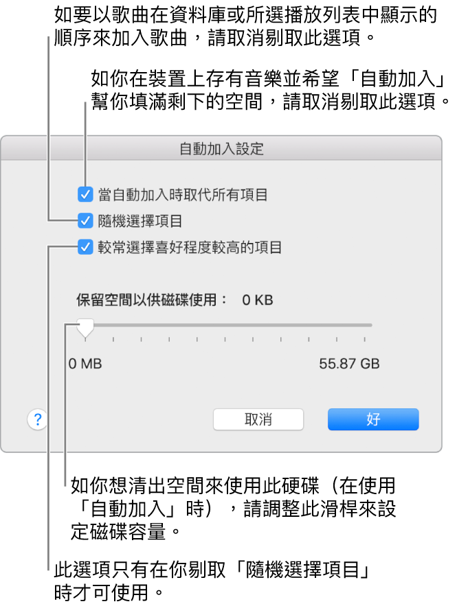 「自動加入」對話框由上至下顯示四個選項。如你的裝置上有音樂，並且想使用「自動加入」功能來填滿剩餘空間，請取消選取「當自動加入時取代所有項目」。如要讓歌曲以其顯示在資料庫或所選播放列表中的順序來加入，請取消選取「隨機選擇項目」。下一個選項是「較常選擇喜好程度較高的項目」，這只有當你選取「隨機選擇項目」選項時才會顯示。如你想設定多餘的空間作為硬碟使用，請調整滑桿來設定磁碟空間。