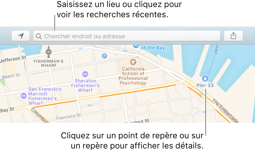 Saisissez un lieu dans le champ de recherche ou cliquez dessus pour afficher les recherches récentes. Cliquez sur un point de repère ou sur un repère pour afficher des détails.