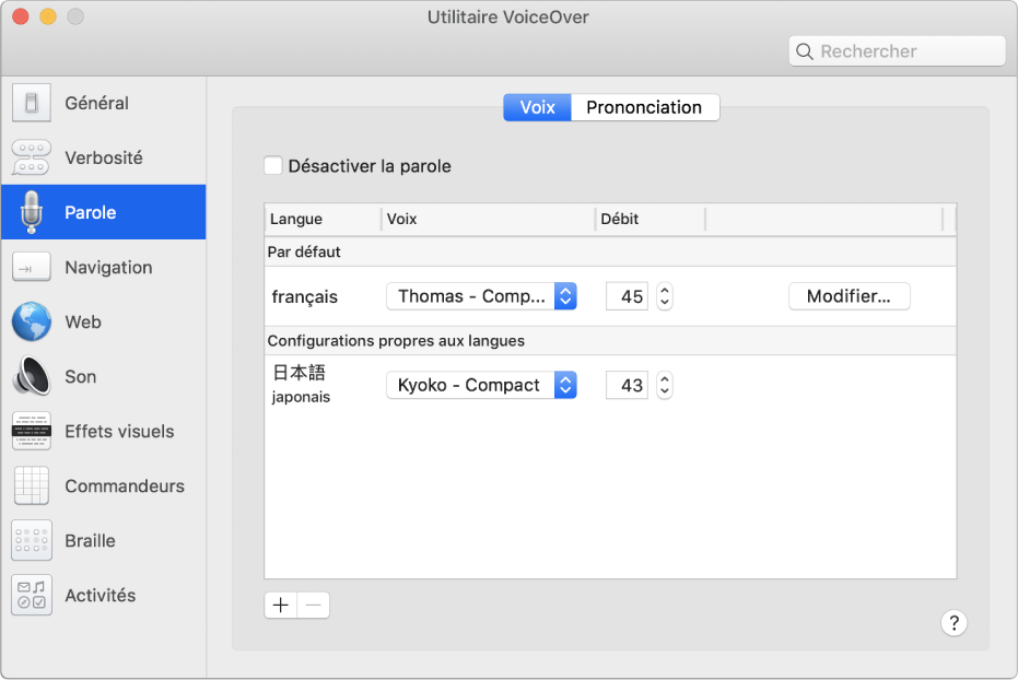 Sous-fenêtre Voix d’Utilitaire VoiceOver affichant des réglages de voix pour l’anglais, le français et le japonais.
