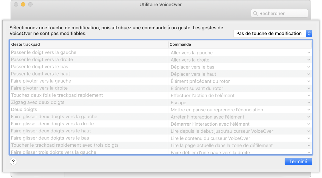 Liste des gestes VoiceOver et des commandes correspondantes affichée dans le commandeur trackpad d’Utilitaire VoiceOver.