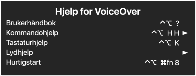 VoiceOver-hjelpmenyen er et panel som viser en liste over, fra øverst til nederst: Internettbasert hjelp, Kommandohjelp, Tastaturhjelp, Lydhjelp, Hurtigstartopplæring og Komme i gang-håndbok. Til høyre for hvert objekt vises VoiceOver-kommandoen som viser objektet, eller en pil som gir tilgang til en undermeny.