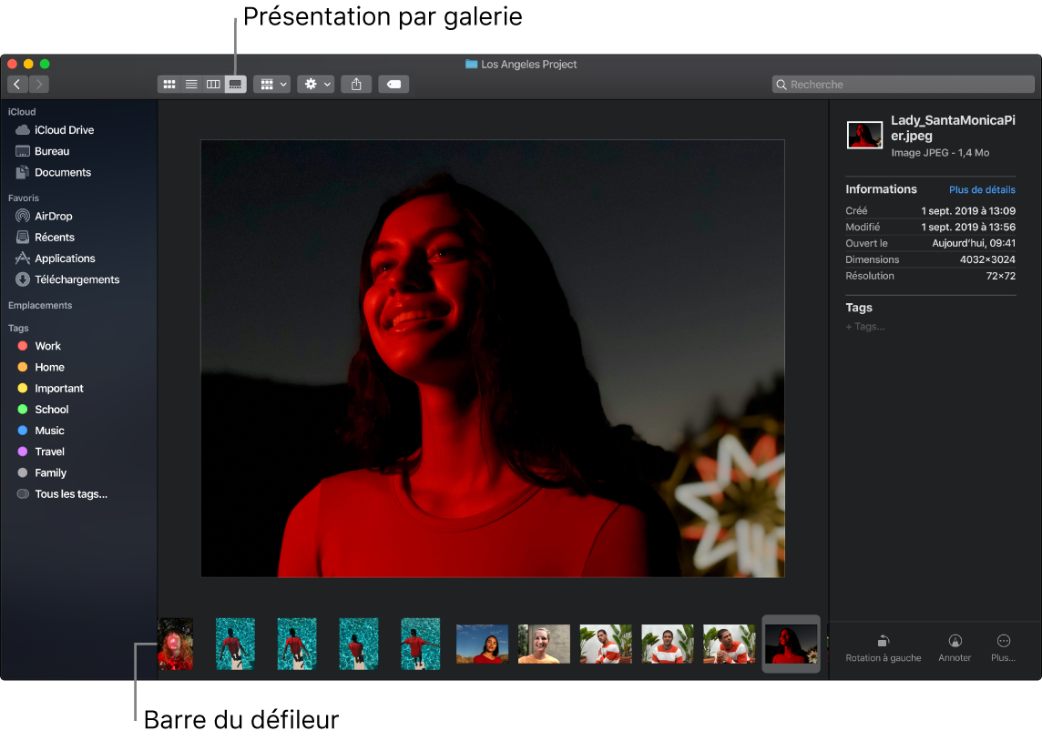 Une fenêtre du Finder ouverte dans la présentation par galerie, affichant une grande photo avec une rangée de photos plus petites (le défileur) en dessous. Les commandes permettant de faire pivoter, marquer et plus encore sont situées à droite du défileur.