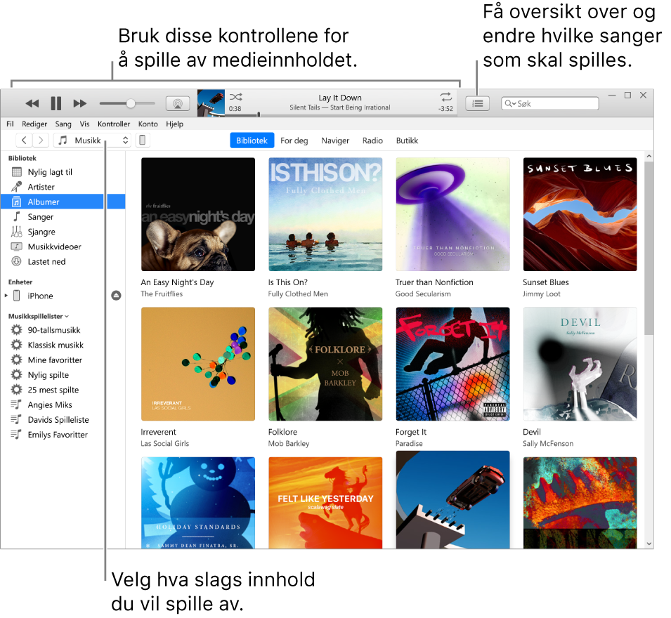 Hovedvinduet i iTunes-biblioteket: I navigeringslinjen velger du medietypen du vil spille av (for eksempel Musikk). Bruk kontrollene i banneret øverst til å spille av mediet, og bruk Neste-lokalmenyen på høyre side til å vise biblioteket på ulike måter.