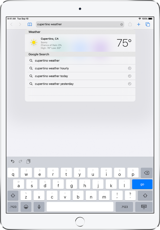 At the top of the screen is the Safari search field, containing the text “cupertino weather.” Below the search field is a result showing the current weather and temperature for Cupertino. Below that are Google Search results, including “cupertino weather,” “cupertino weather hourly,” “cupertino weather yesterday,” and “cupertino weather year round.” On the right side of each result is a blue arrow to link to the specific search result page.