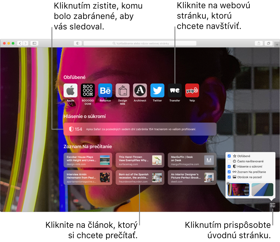 Počiatočná stránka Safari zobrazujúca obľúbené webové stránky, zhrnutie Hlásenie o súkromí, články zo zoznamu Na prečítanie a možnosti počiatočnej stránky.