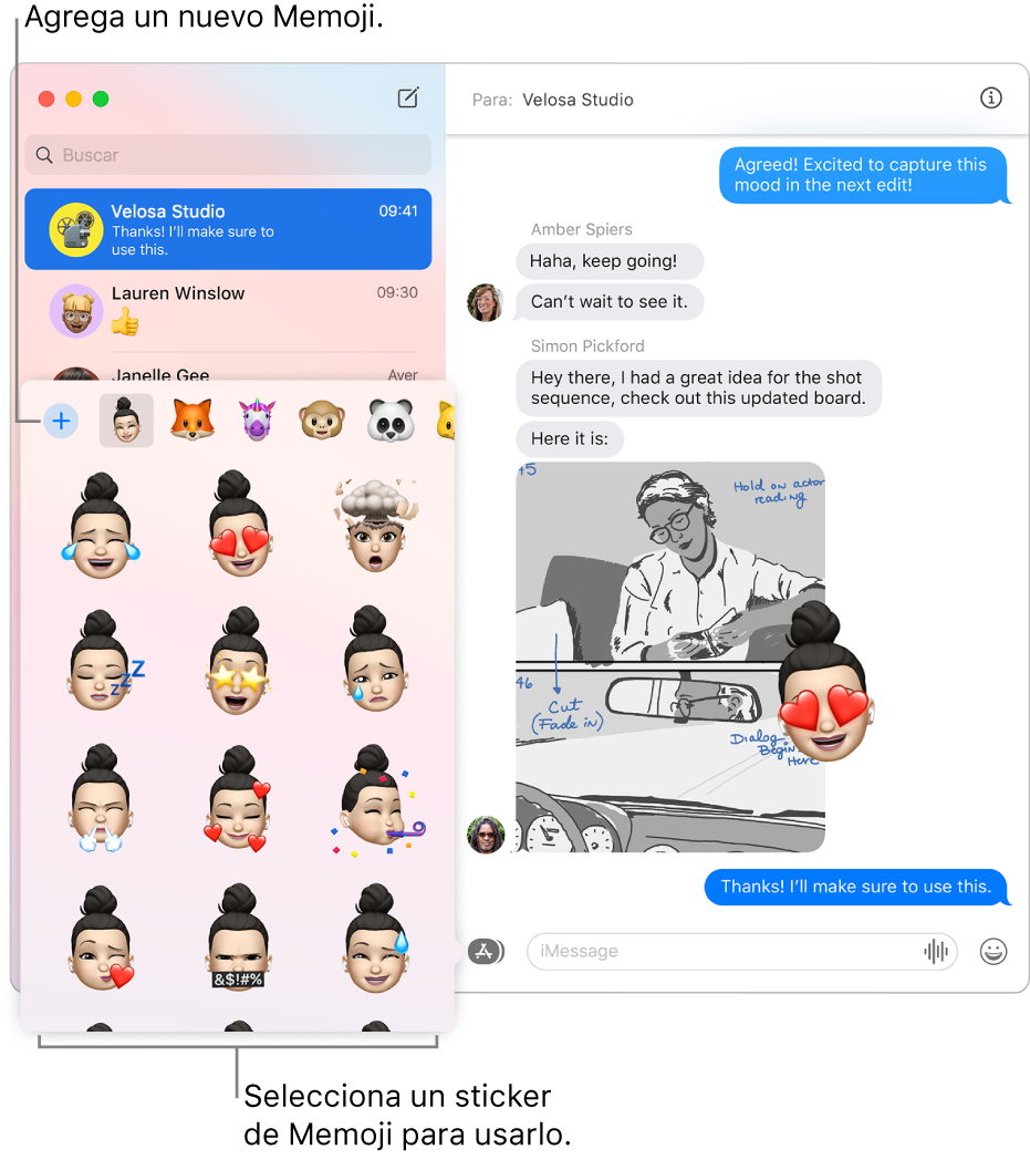 La ventana de Mensajes con varias conversaciones enumeradas en la barra lateral a la izquierda una y una conversación a la derecha. Al elegir stickers de Memoji desde el botón Apps, puedes seleccionar un sticker de Memoji para usar o crear un Memoji nuevo.