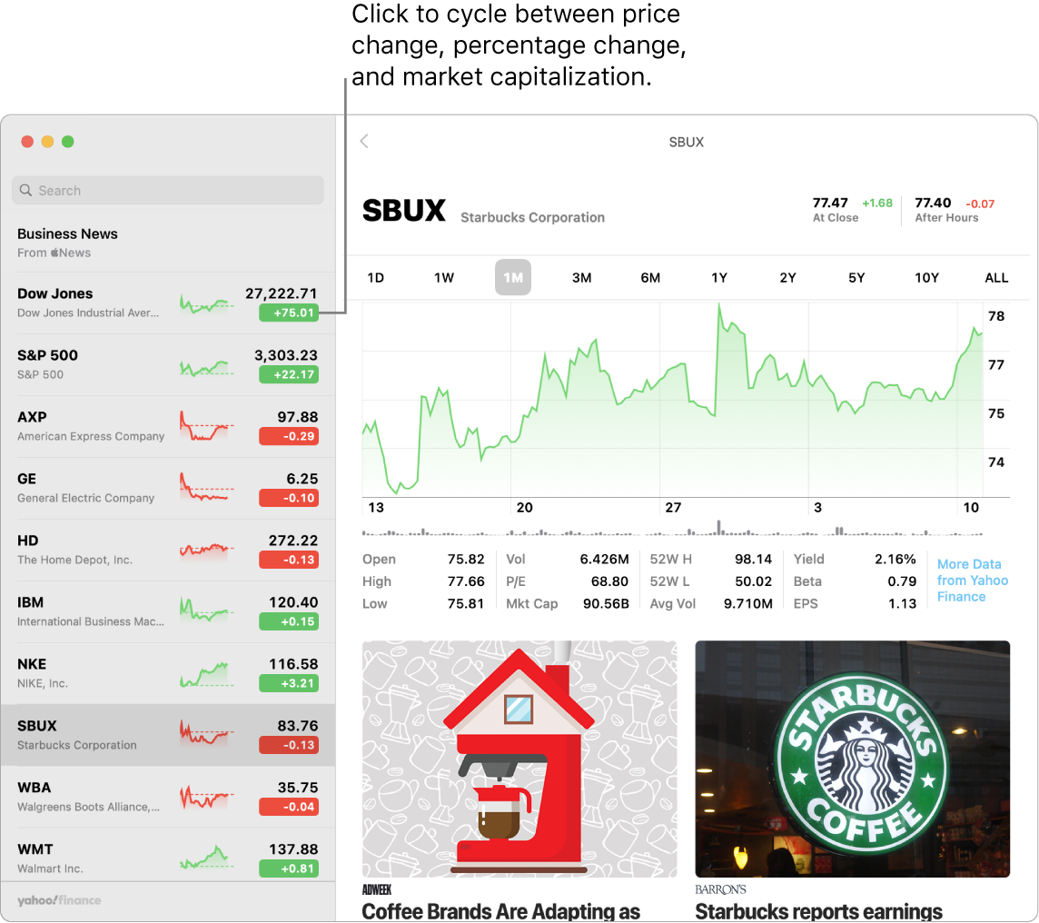 A Stocks screen showing information and stories about the selected stock.