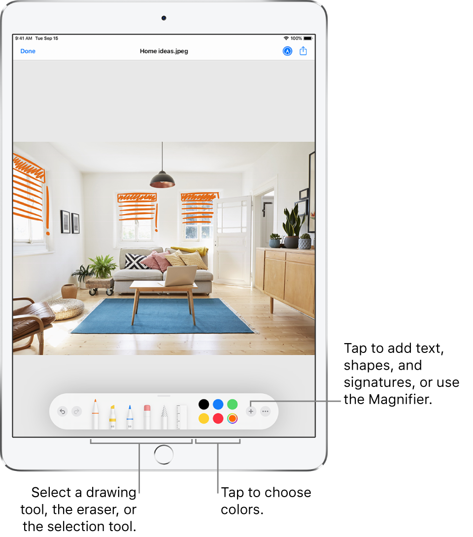 An image in a Markup window. Below the image, from left to right, are buttons for the Markup tools: drawing pens, eraser, selection tool, colors, and buttons for adding a text box, your signature, and shapes, and for choosing the Magnifier.