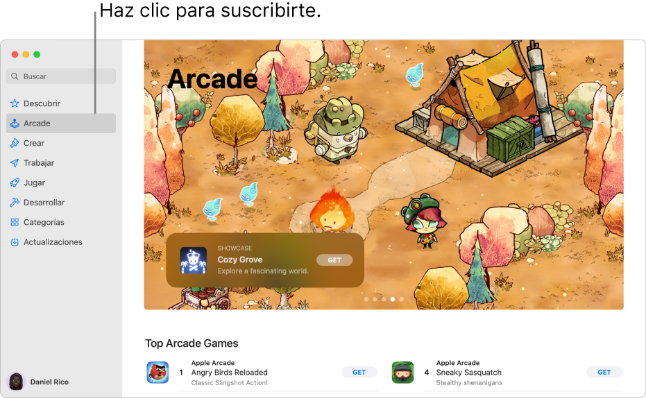 Página principal de Apple Arcade. Se muestra un juego popular en el panel a la derecha junto con otros juegos disponibles que se muestran en la parte inferior.