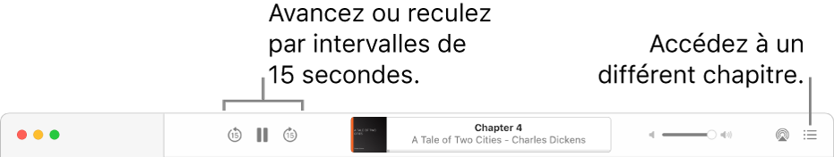 Le lecteur de livre audio dans Apple Books montrant, de gauche à droite, le bouton « Vitesse de lecture », les boutons Avancer et Revenir, le bouton « Minuterie de veille », le titre et l’auteur du livre audio en cours de lecture, le curseur Volume et le bouton « Table des matières ».