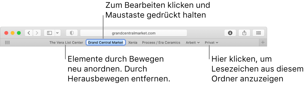 Die Favoritenleiste mit einem Lesezeichenordner. Zum Bearbeiten eines Lesezeichens oder Ordners klicke und halte das Lesezeichen oder den Ordner in der Leiste gedrückt. Zum neu Anordnen der Elemente in der Leiste bewege sie. Zum Entfernen eines Elements bewege es aus dem Bereich der Leiste.