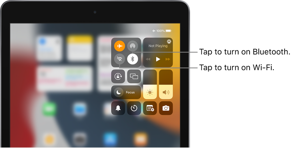 Control Center with airplane mode on. The buttons for turning on Wi-Fi and Bluetooth are near the upper-left corner of Control Center.