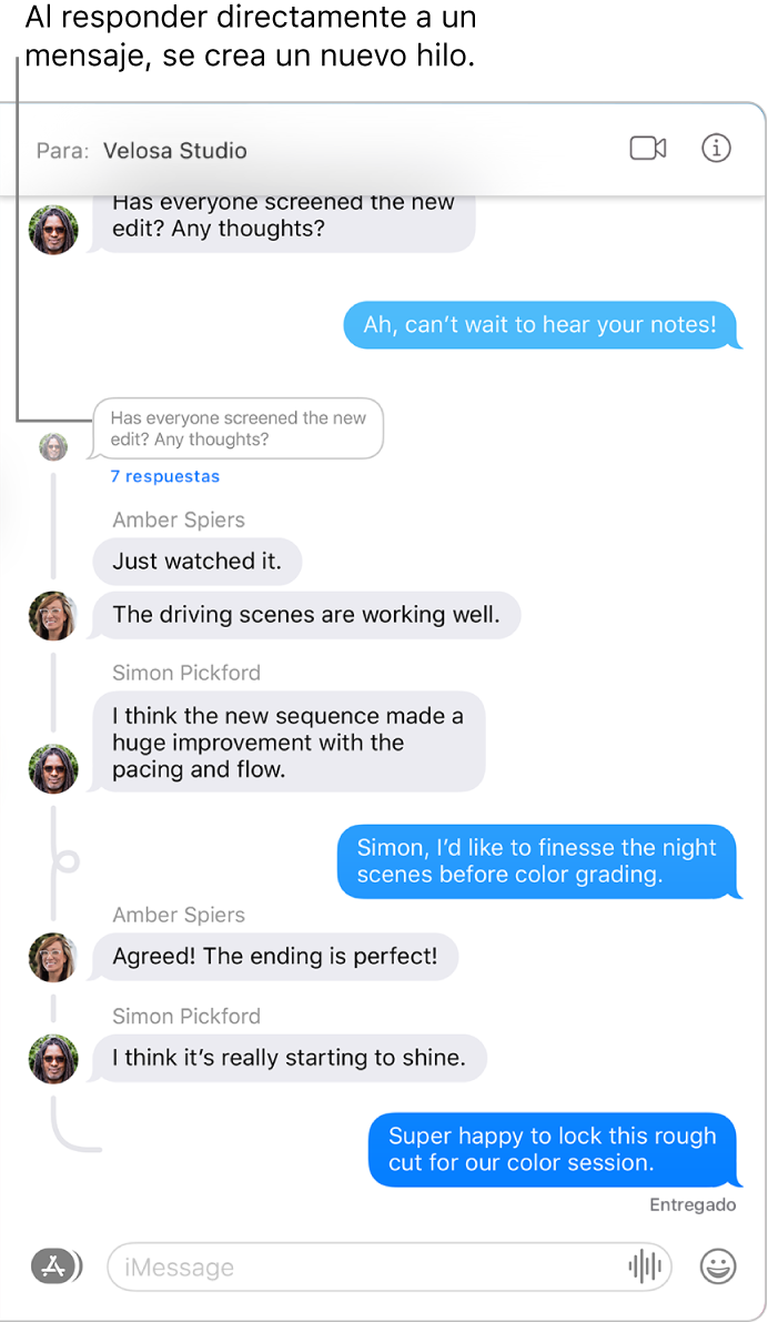 La ventana de Mensajes mostrando una conversación con varias respuestas en hilo dentro de un mensaje.