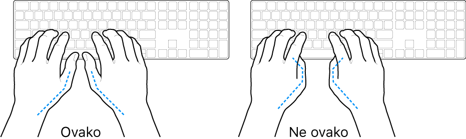 Ruke položene na tipkovnicu s prikazom pravilnog i nepravilnog položaja palaca.