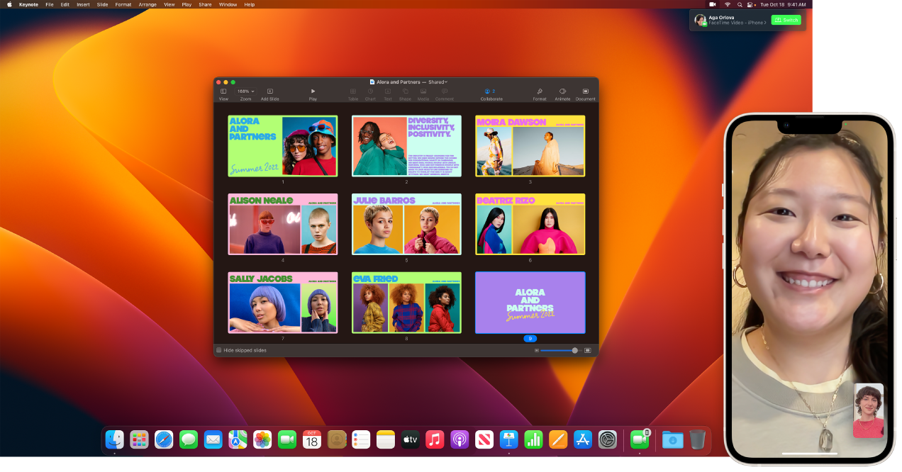 FaceTime poziv na iPhoneu pored radne površine računala Mac s otvorenim prozorom aplikacije Keynote. U gornjem desnom kutu računala Mac nalazi se tipka za prebacivanje FaceTime poziva na Mac.