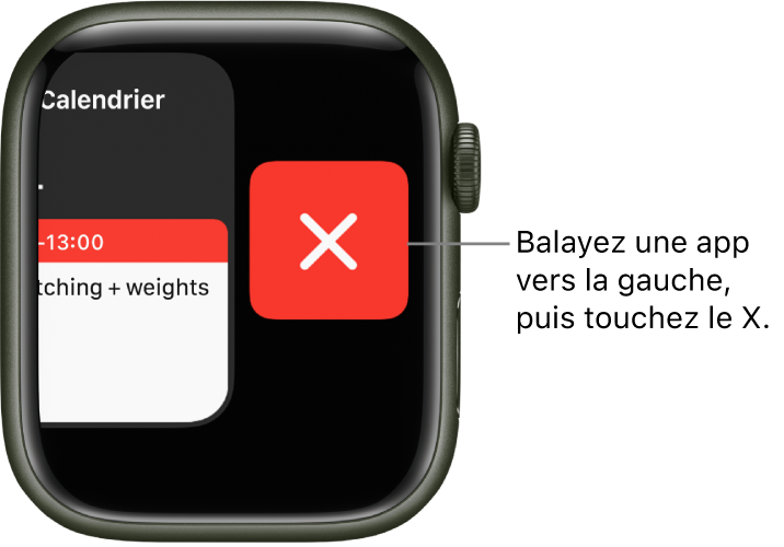 Dock après que vous avez balayé une app vers la gauche, avec le bouton X à droite.