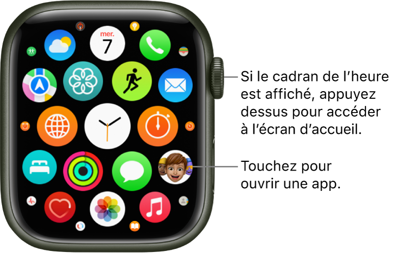 Écran d’accueil en présentation en grille sur l’Apple Watch, avec les apps disposées en grappe. Touchez une app pour l’ouvrir. Faites glisser pour afficher plus d’apps.