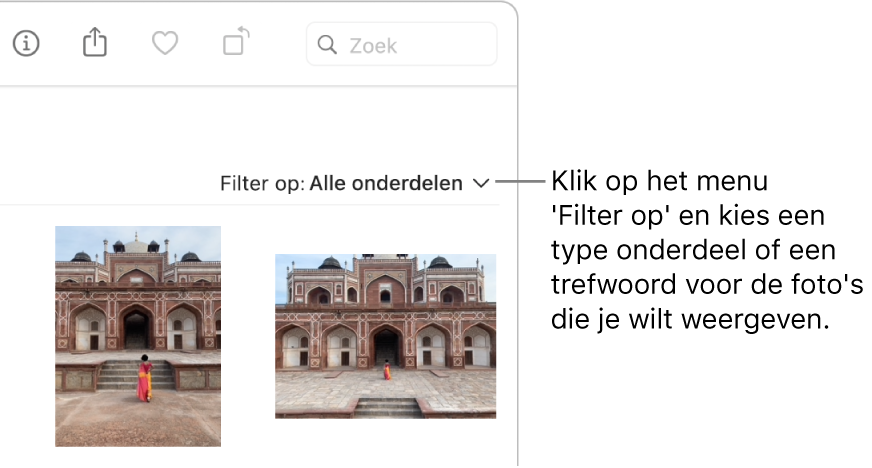 Het venstermenu 'Filter op' waarin alle onderdelen worden weergegeven.