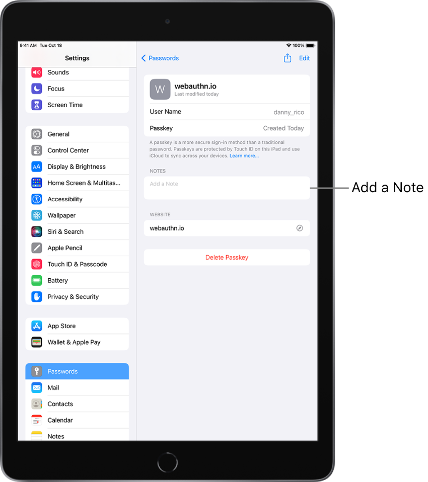 Passwords settings, showing information for a passkey and a field to enter a note.