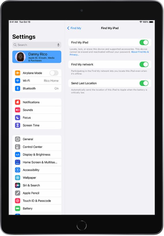 The Settings sidebar is on the left side of the screen and the top option with the user’s name is selected. On the right side of the screen are options to choose which Find My features to turn on. Find My iPad, Find My network, and Send Last Location are turned on.