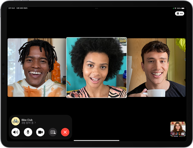 발신자를 포함하여 네 명의 참여자가 있는 그룹 FaceTime 통화. 각각의 참여자는 별도의 타일에 나타남. 화면 하단에 오디오, 마이크, 카메라, 공유 콘텐츠 및 종료 버튼을 비롯한 FaceTime 제어기가 있음. 제어기 상단에는 사용자와 통화하는 그룹 또는 개인의 이름이나 Apple ID가 있고, 정보 버튼이 있음.