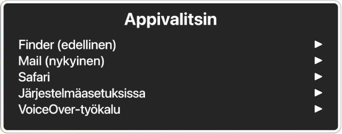 Appivalitsimessa on viisi avointa appia, mukaan lukien Finder ja Järjestelmäasetukset. Jokaisen luettelokohteen oikealla puolella on nuoli.