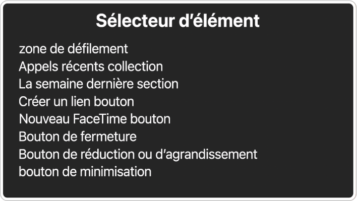 Le sélecteur d’élément est une sous-fenêtre qui répertorie des éléments, notamment une zone de défilement et un bouton de fermeture.