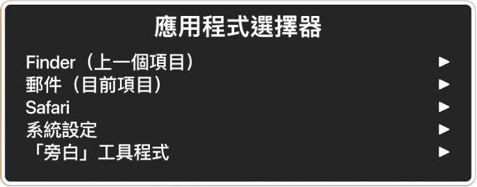 「應用程式選擇器」列出五個開啟的應用程式，包括 Finder 和「系統設定」。每一個列表中項目的右側有一個箭嘴。