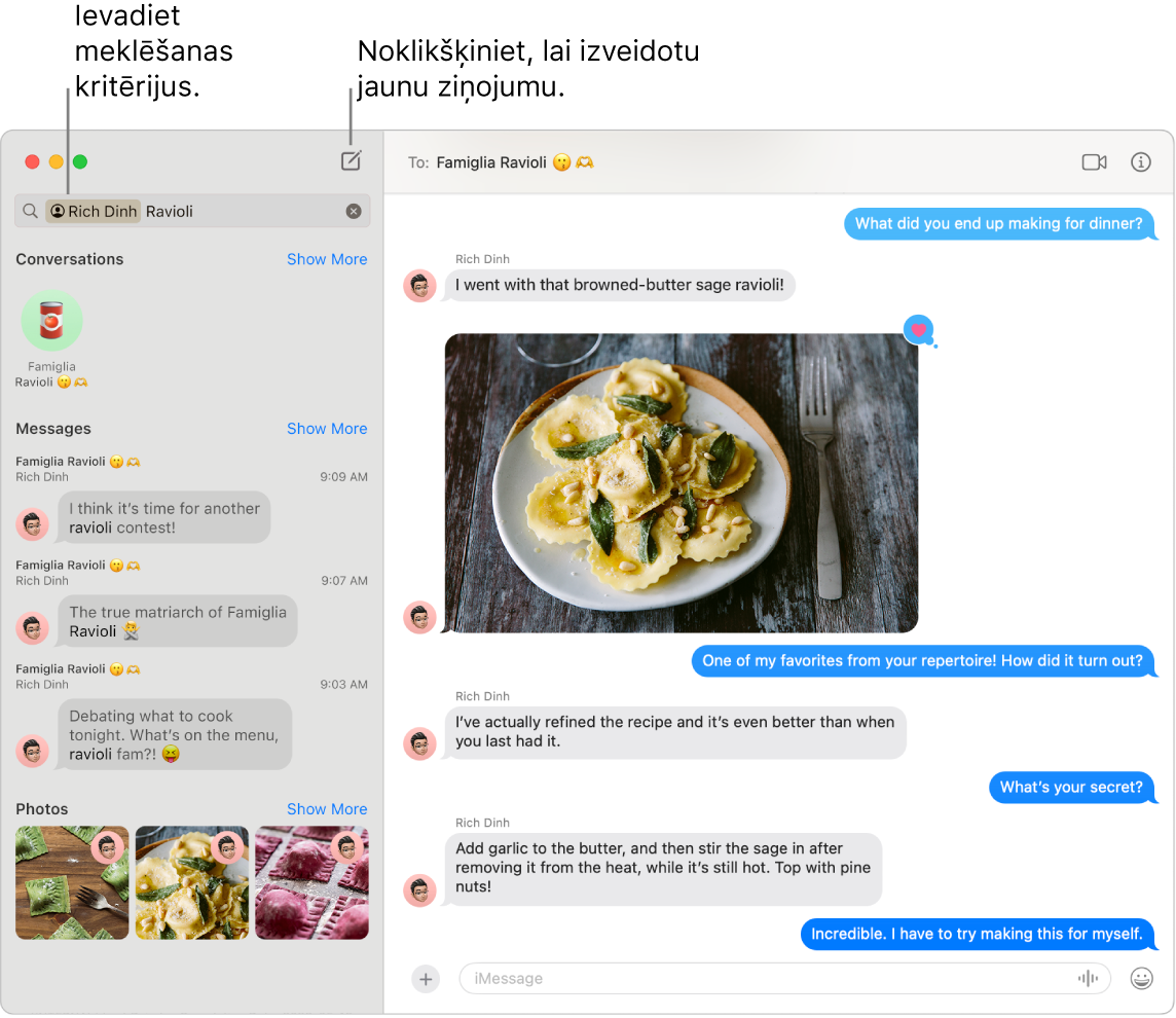 Lietotnes Messages logā redzami meklēšanas rezultāti kontaktpersonai un “ravioli” kreisajā pusē. Labajā pusē –sarakste ar ravioli attēlu.