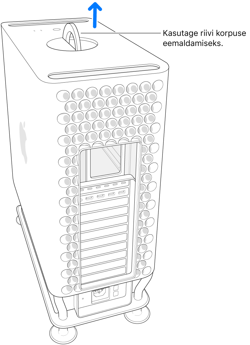 Riivi on pööratud ning see on tõstetud asendis; korpust tõstetakse arvuti pealt maha.