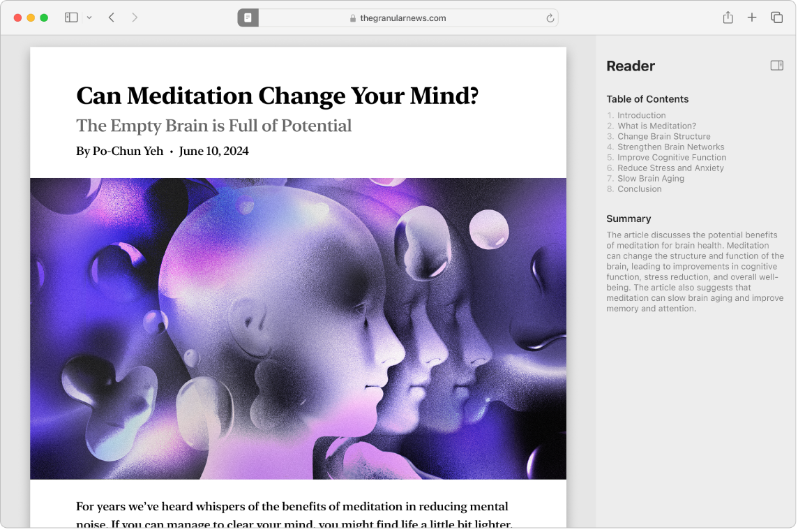 Okno Safari wyświetlające uaktualnionego Readera w Safari. Po prawej stronie artykułu znajduje się spis treści i streszczenie artykułu, generowane przez Readera.