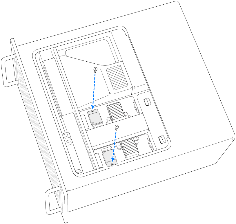 正在 SSD 模組上安裝兩個螺絲。