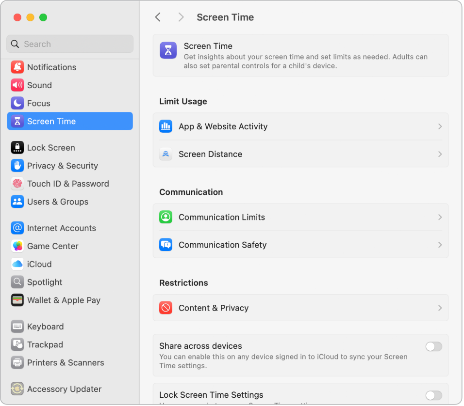 Fenêtre des réglages « Temps d’écran » avec des options permettant d’obtenir des statistiques concernant « Utilisation des apps », Notifications et Activations, ainsi que des options de gestion de « Temps d’écran » (programmation d’un temps d’arrêt, configuration des limites d’app et de communication, etc.).